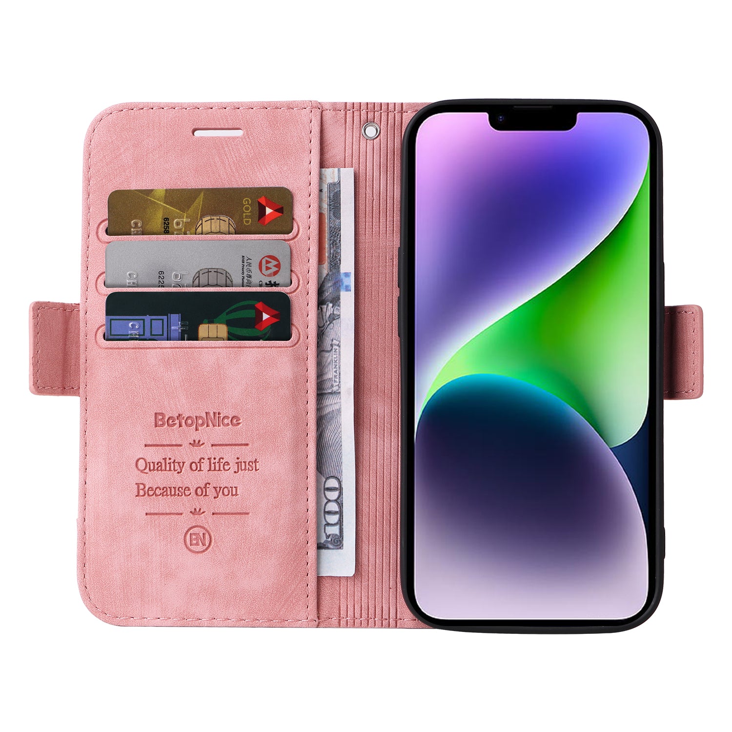 Uniqkart 001 For iPhone 15 Plus Shockproof PU Leather Stand Cover Multifunction Wallet Cell Phone Case - Pink Uniqkart 001 For iPhone 15 Plus Shockproof PU Leather Stand Cover Multifunction Wallet Cell Phone Case - Pink